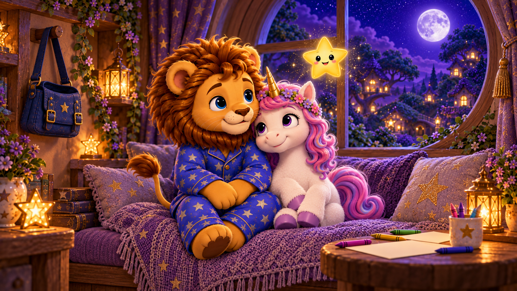 Leo and Prisa settling together on a cozy window seat under a purple night sky